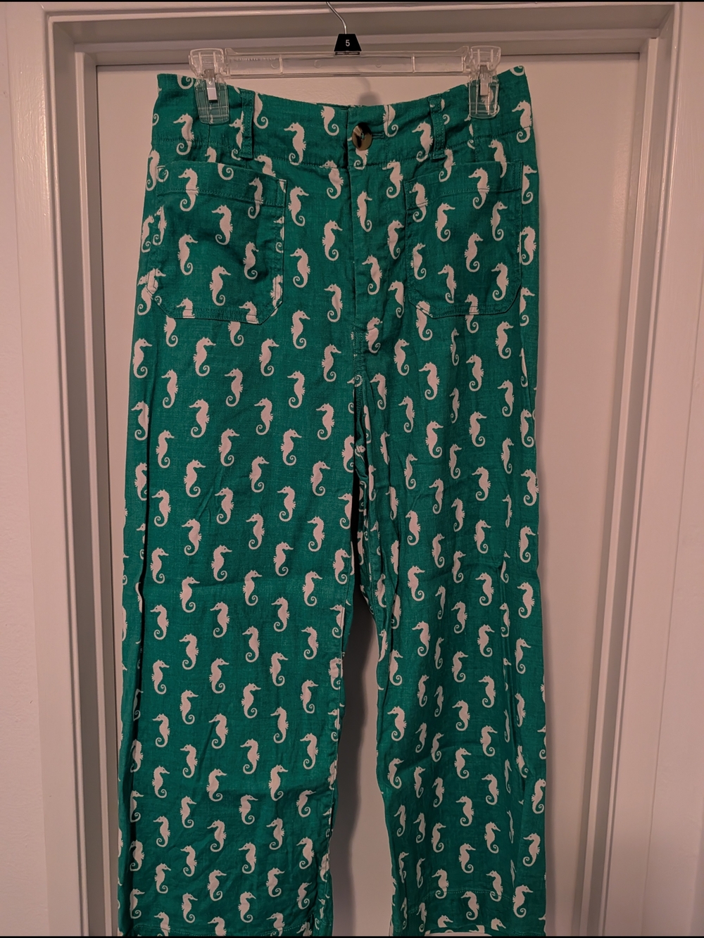 Green Seahorse Print Wide-Leg Pants, Size 29